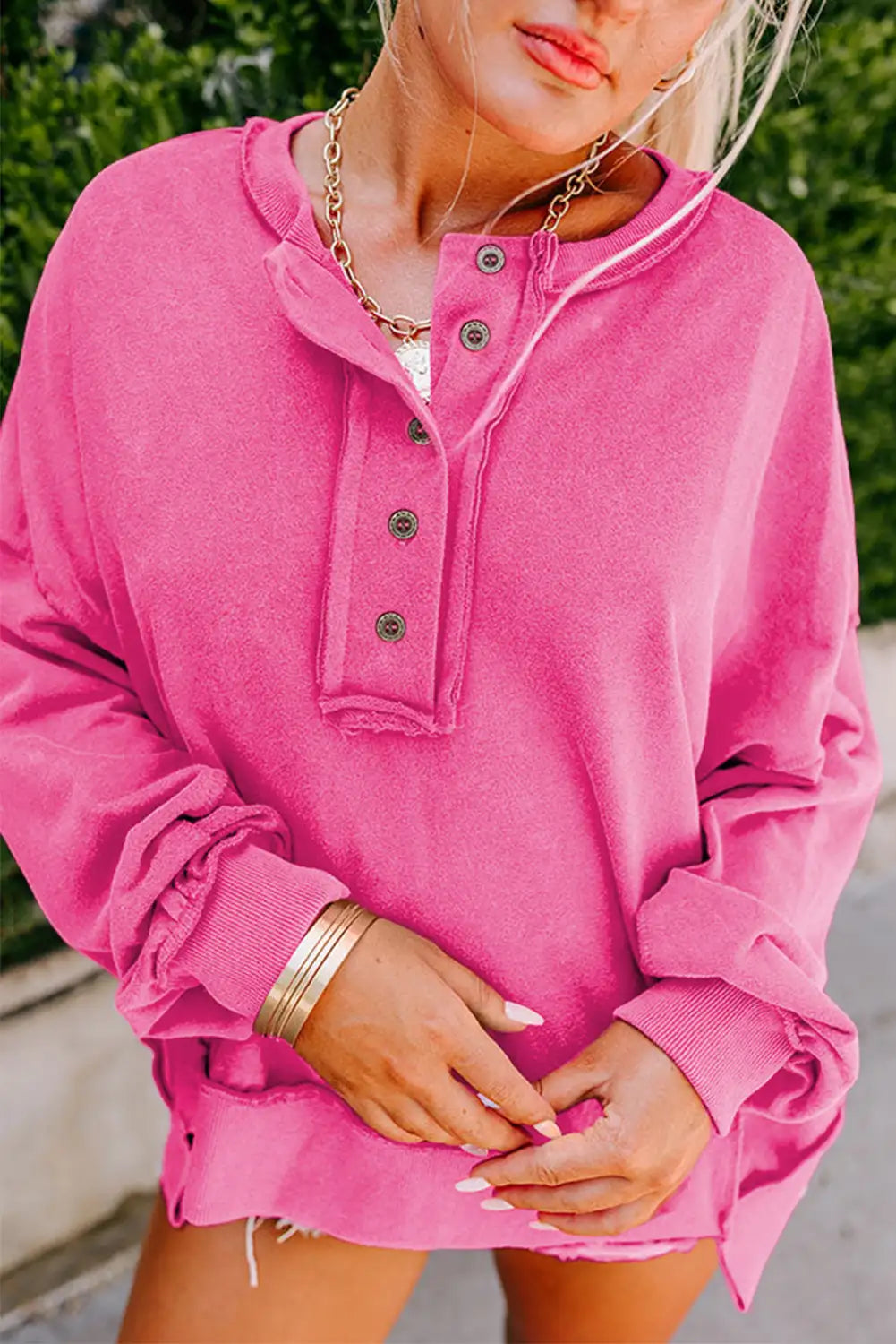 Drop Shoulder Henley Sweatshirt Rosy