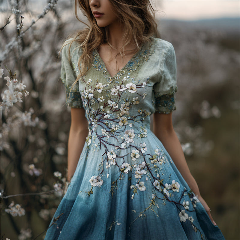 Almond Blossom Embroidered Gradient Linen Maxi Dress elevenforest