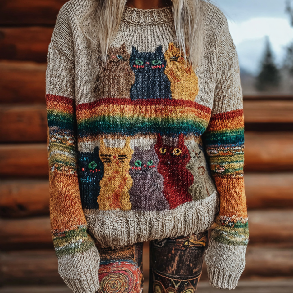 Comstylish Retro Fun Cat Lady Round Neck Knitted Sweater