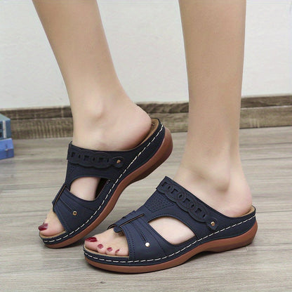 Retro Low Wedge Slippers, Cut-out Open Toe Non Slip Arch Support Slides Shoes, Outdoor Slippers Se1037