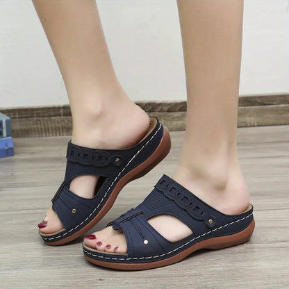 Retro Low Wedge Slippers, Cut-out Open Toe Non Slip Arch Support Slides Shoes, Outdoor Slippers Se1037