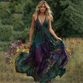 Vintage Purple Floral Embroidered Gradient Art Linen Maxi Dress