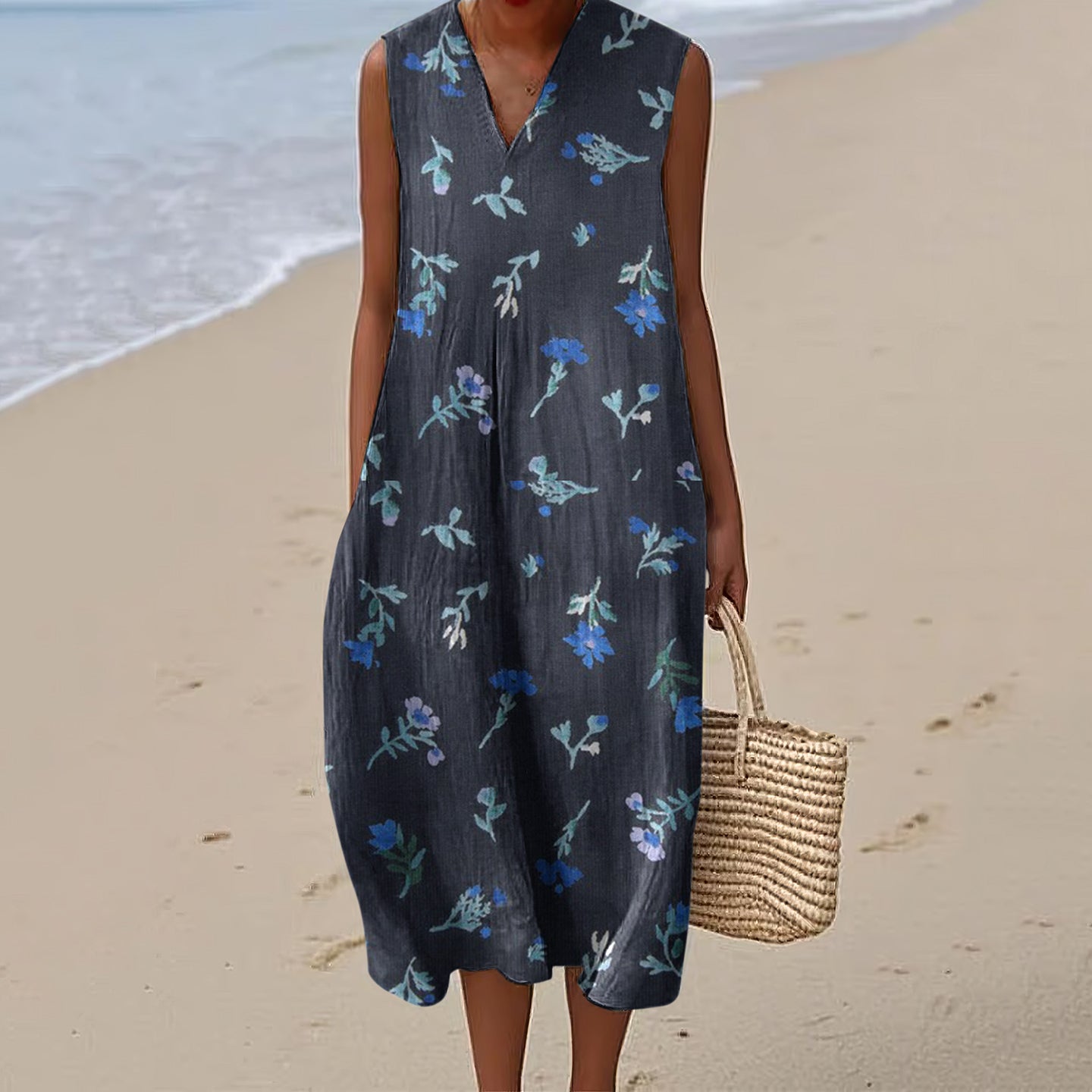 Women's Bohemian Floral Art Linen Print V Neck Dress elevenforest