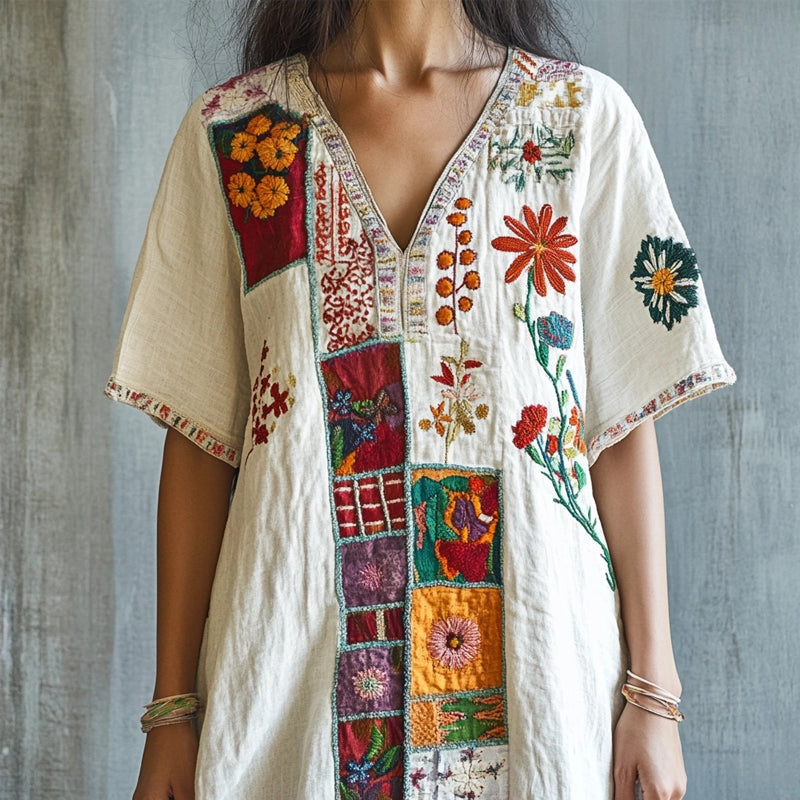 Vintage Boho Floral Embroidered V Neck Linen Shirt elevenforest
