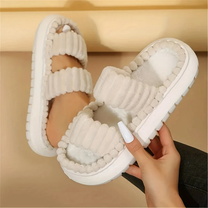 Double Straps Plush Slippers Ht0147