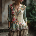 Women's Vintage Cherry Blossom Embroidery Casual Shirt elevenforest