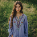 Boho Purple Floral Embroidery Linen Blend Loose Blouse elevenforest