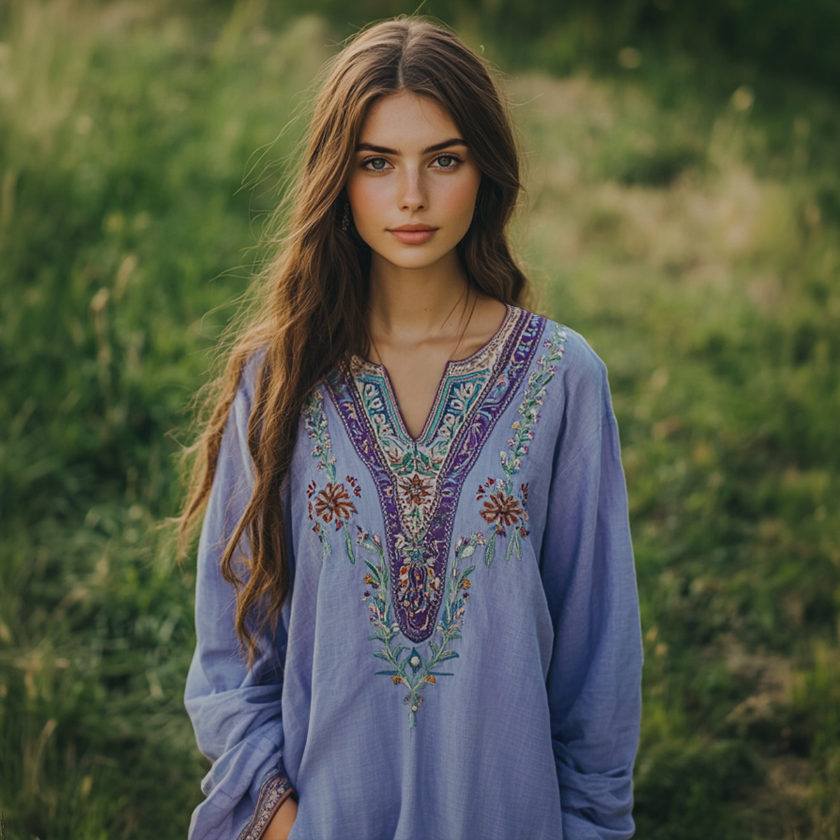 Boho Purple Floral Embroidery Linen Blend Loose Blouse elevenforest
