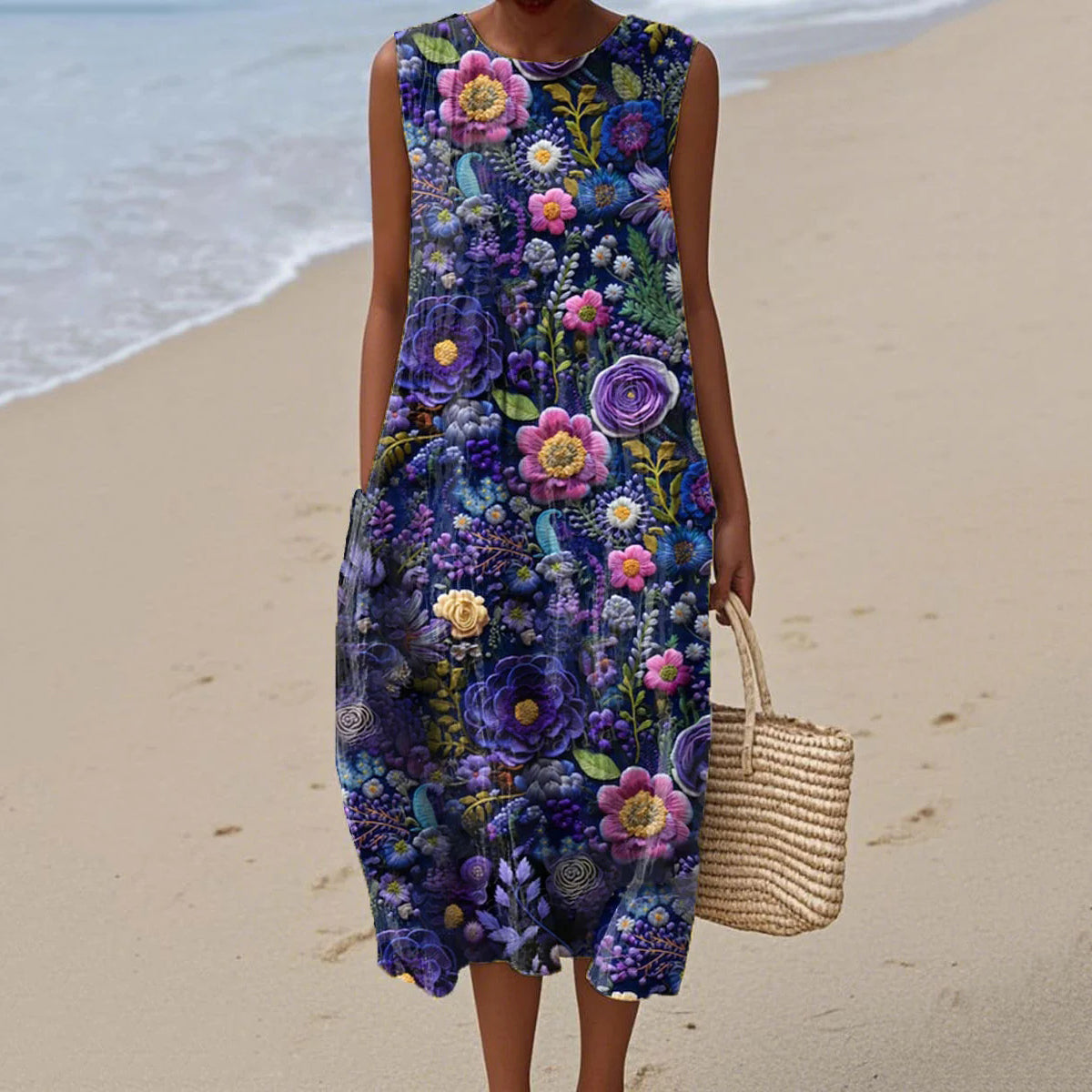Women's Retro Purple Flowers Art Linen Tank Dress elevenforest