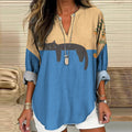 Comstylish Abstract Creative Lazy Black Cat Painting Art Pattern Women's Linen V-Neck Shirt
