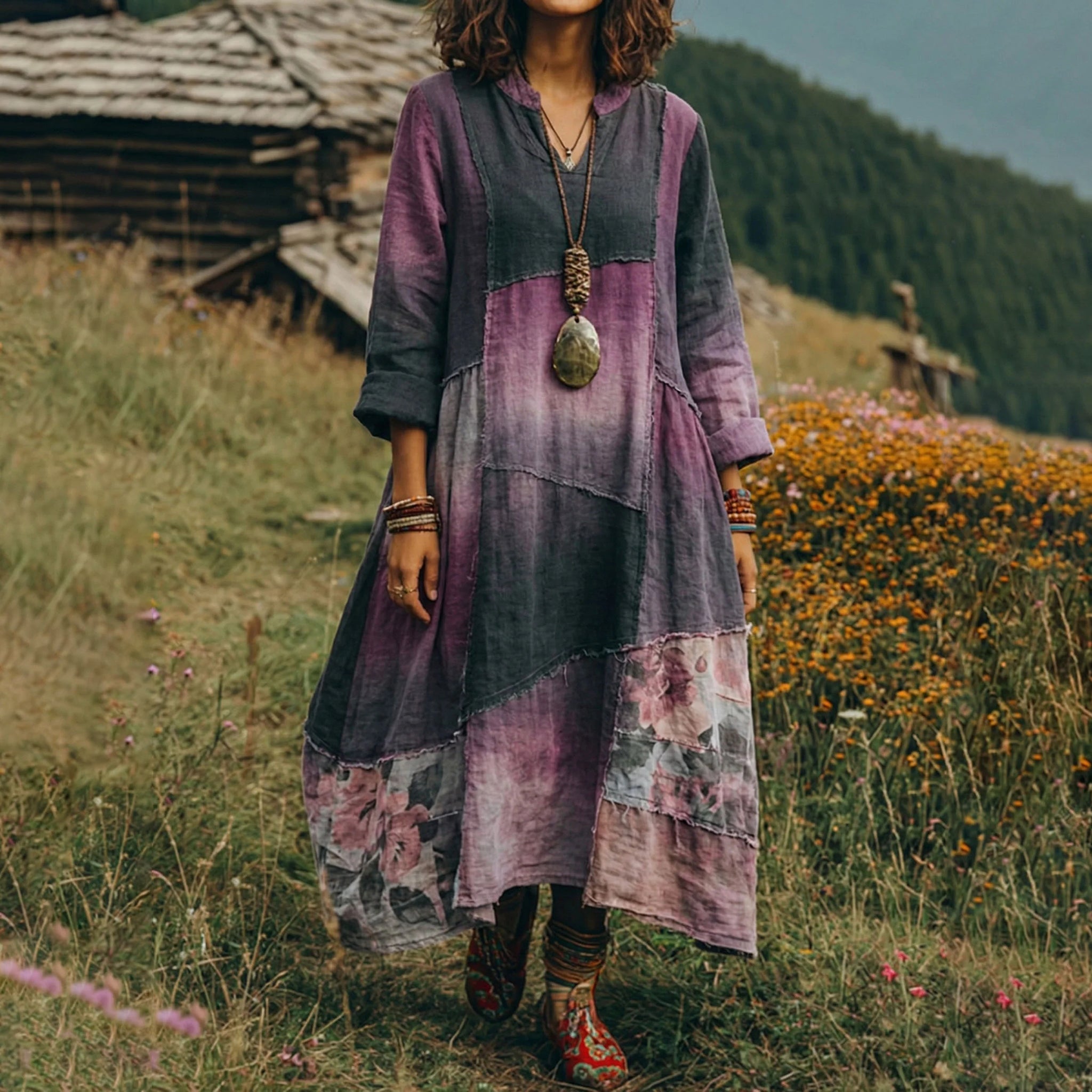 Women's Vintage Floral Art Linen Maxi Dress elevenforest