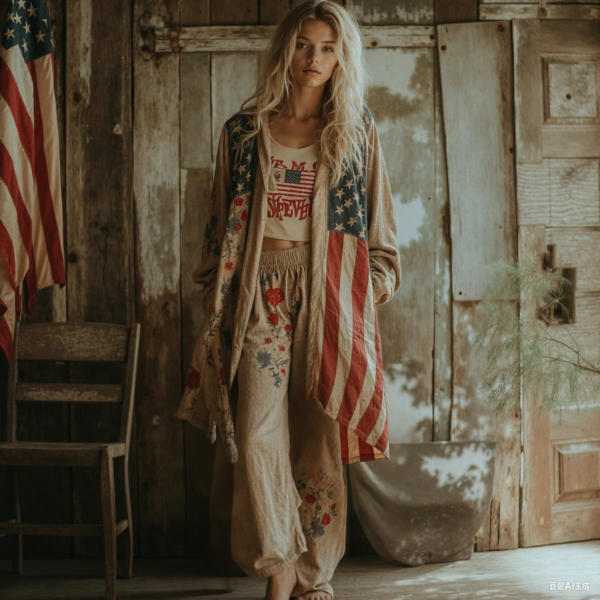 Women's Vintage American Flag Floral Cotton And Linen Cardigan elevenforest