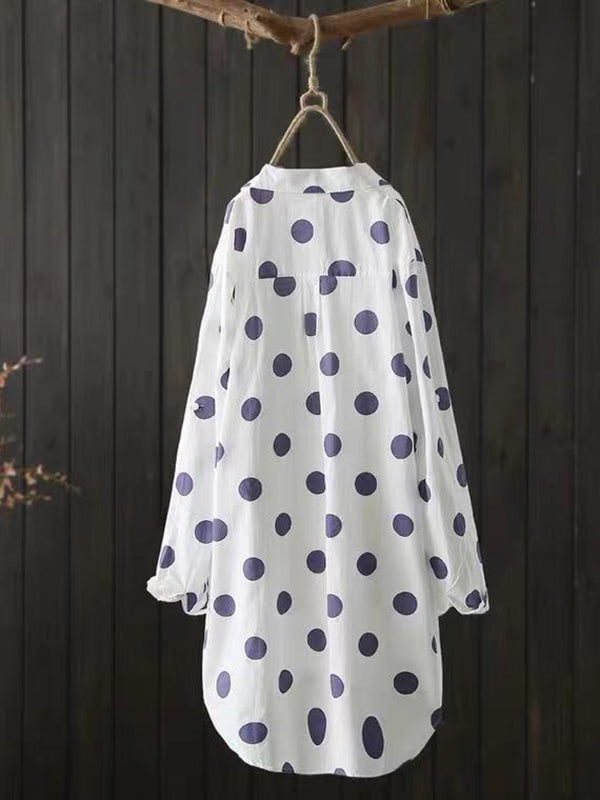 High-low Long Sleeves Polka-dot Lapel Shirts Tops