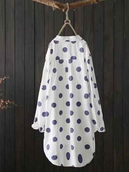 High-low Long Sleeves Polka-dot Lapel Shirts Tops
