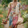 Ladies' Patchwork Cotton And Linen Floral-print V-neck Short-sleeved A-line Skirt elevenforest