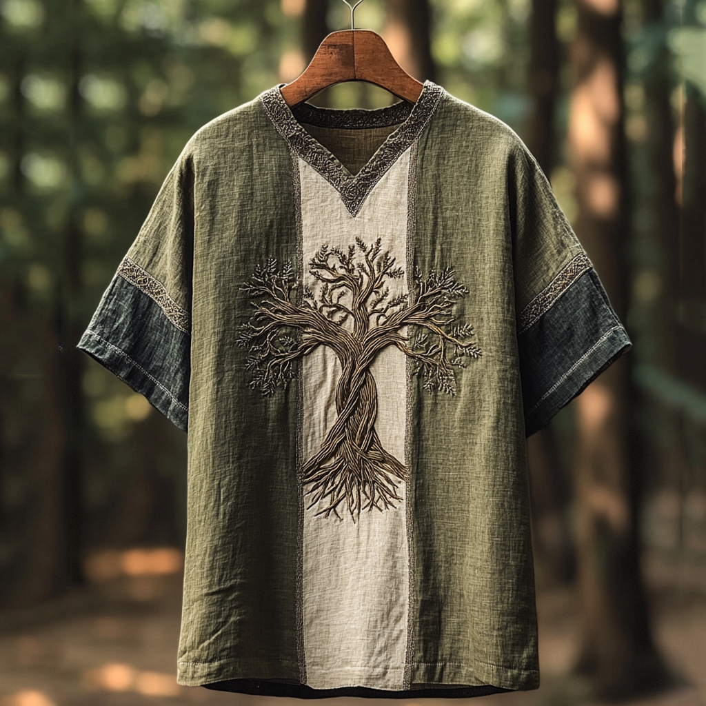 Men's Viking Celtic Tree Of Life Contrast Linen T-shirt elevenforest