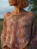 Vintage Pink Daisies Glitter Embroidered Dyed Linen Tunic elevenforest