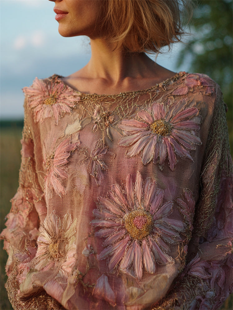 Vintage Pink Daisies Glitter Embroidered Dyed Linen Tunic elevenforest