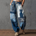 Vintage Cat Floral Fiber Art Patchwork Flowy Linen Pants elevenforest