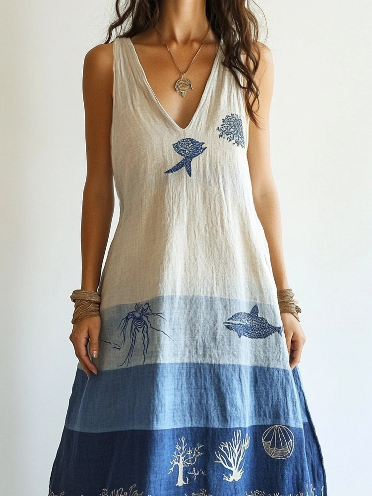 Vintage Ocean Inspired V Neck Linen Maxi Dress elevenforest