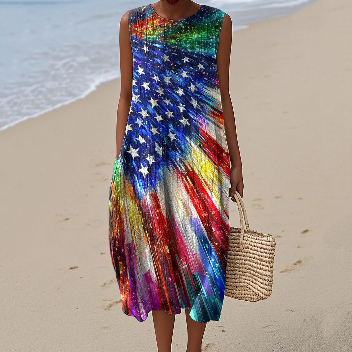 Women's Vintage Geometry Flag Print Sleeveless Casual Cotton Dress elevenforest
