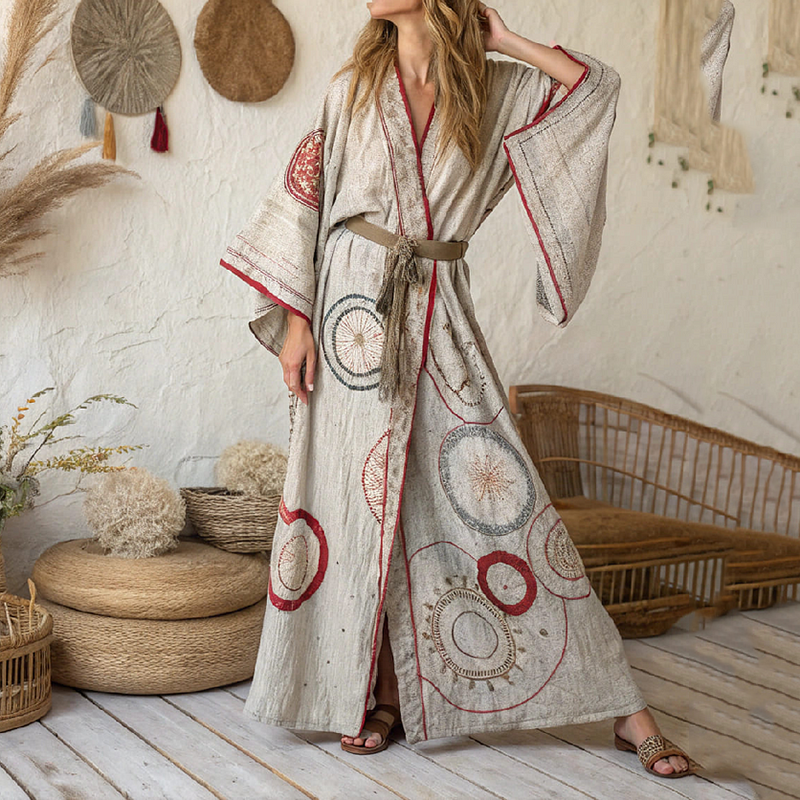 Women's Vintage Art  Linen V-neck Robe elevenforest