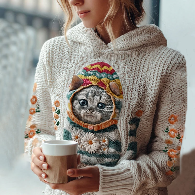 Comstylish Women's Cute Winter Cat With Floral Art Knitted Warm Sweater