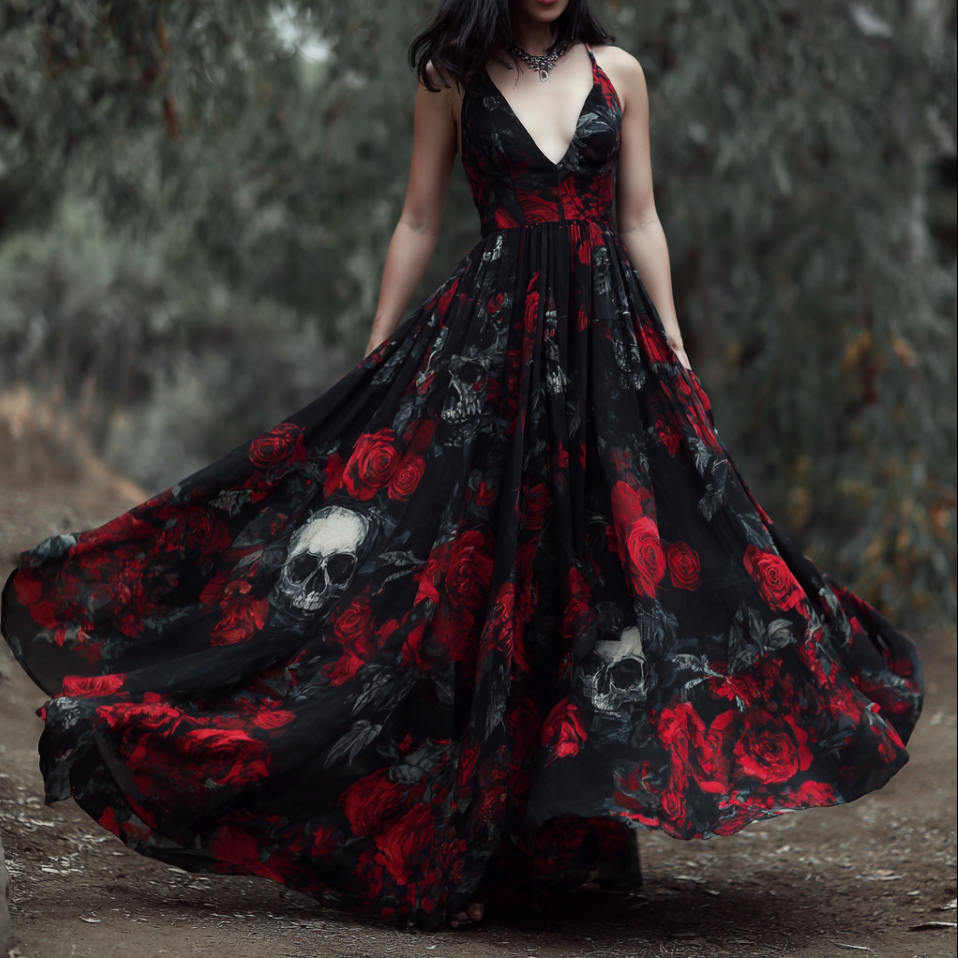 Halloween Gothic Dark Style Skeleton Element Women's V-neck Long Dress elevenforest