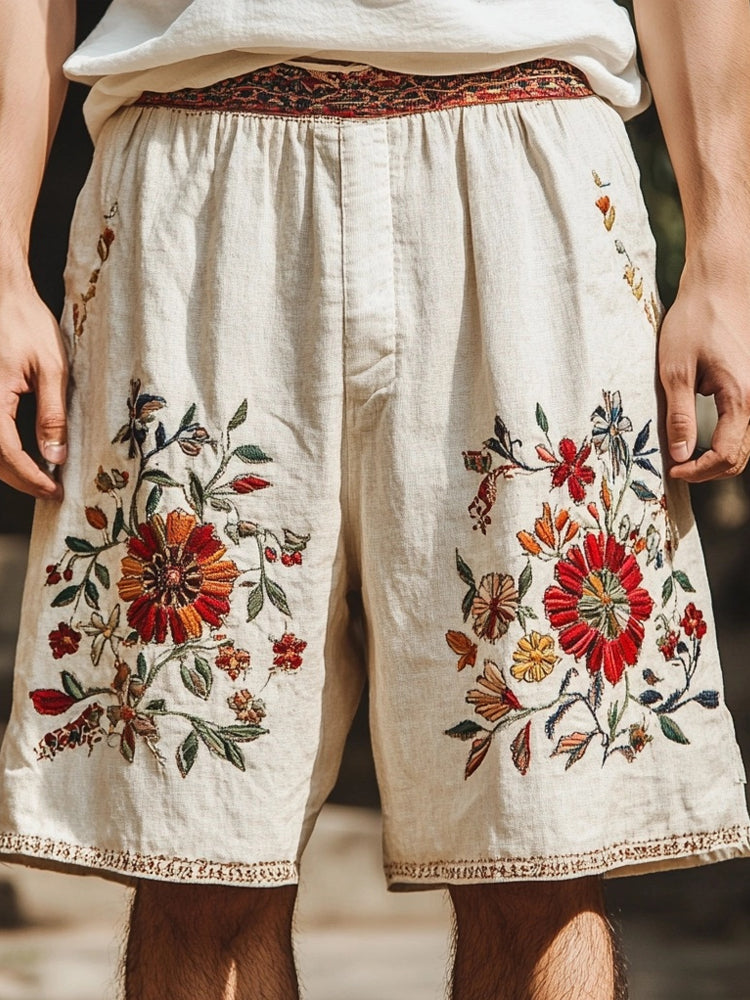 Men's Vintage Embroidered Linen Blend Comfy Shorts elevenforest