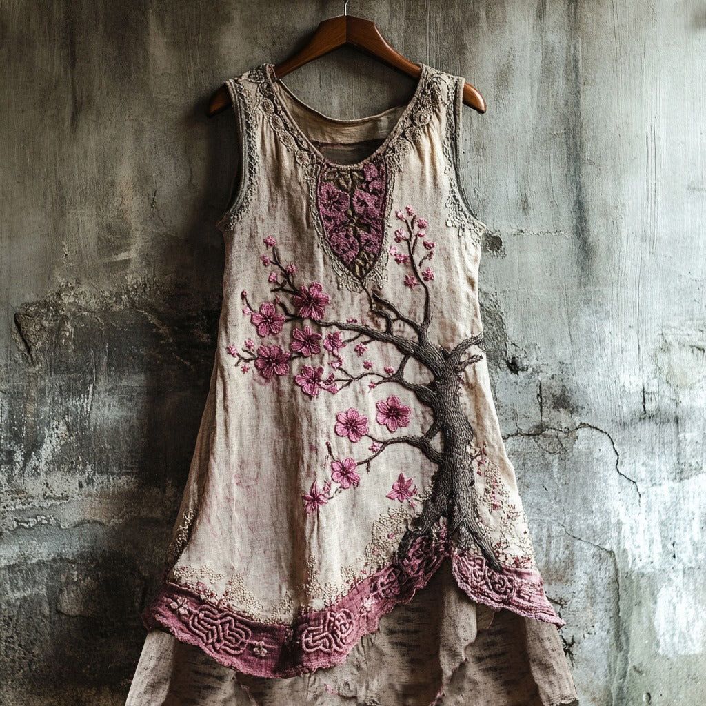Women's Cherry Blossom Embroidery Lace Patchwork Art Linen Tank Dress elevenforest
