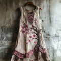 Women's Cherry Blossom Embroidery Lace Patchwork Art Linen Tank Dress elevenforest