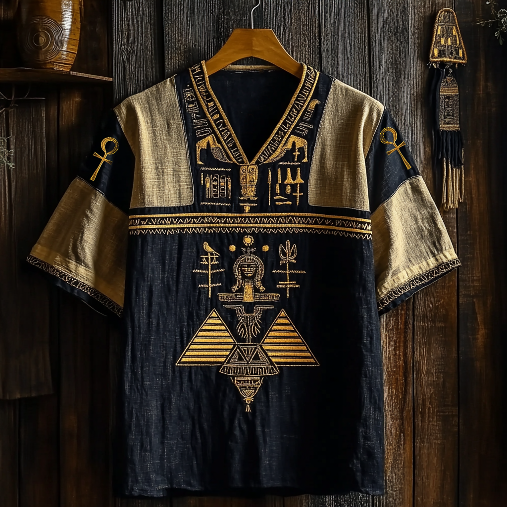 Vintage Ancient Egyptian Pyramid Balance Scale Art Cotton And Linen Shirt elevenforest