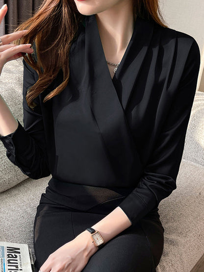 Long Sleeves Loose Buttoned Color V-neck Blouses&shirts Tops