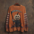 Halloween Pumpkin Ghoul Embroidered Striped Cozy Knitted Sweater elevenforest