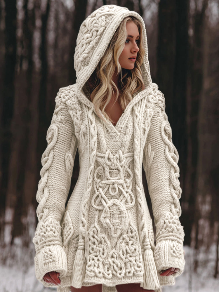 Women's Viking Celtic Knot Rune Knit Jacquard Warm Sweater Hooded Dress artswardrobe