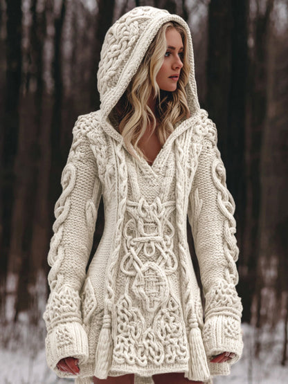 Women's Viking Celtic Knot Rune Knit Jacquard Warm Sweater Hooded Dress artswardrobe
