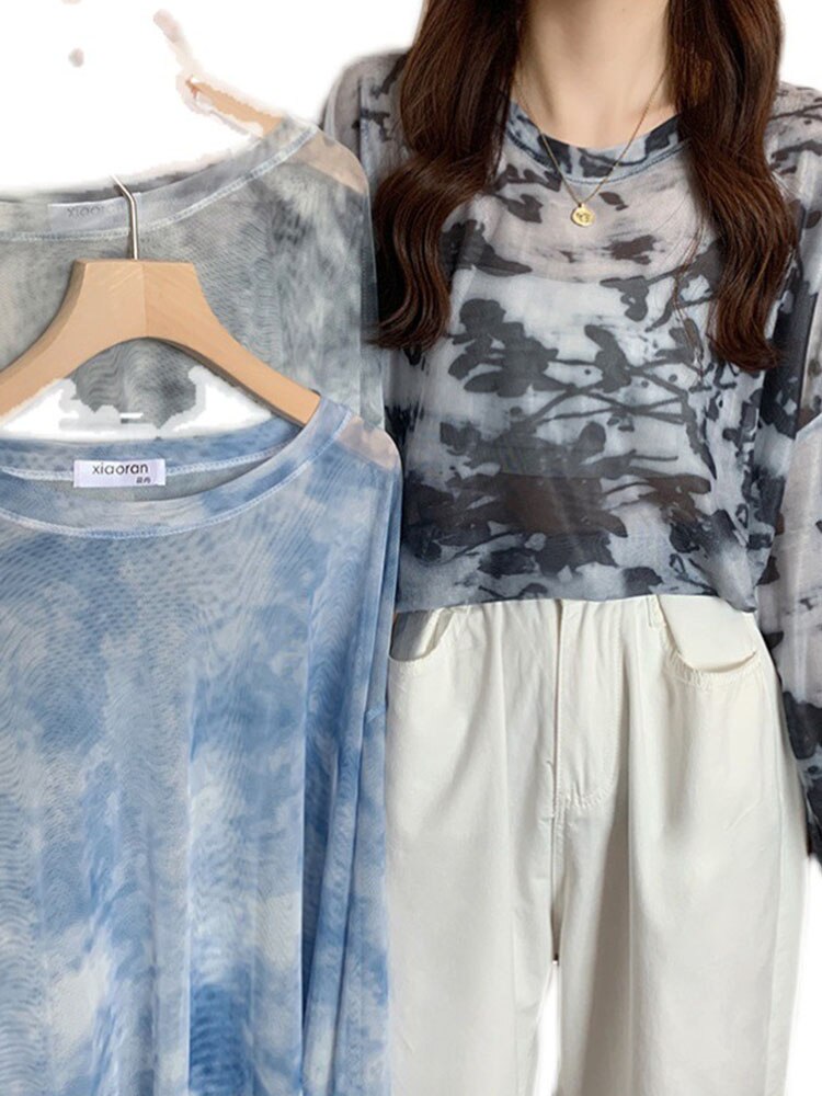 Tie Dye Long Sleeve T-shirts Breathable Summer O-neck Design Mesh Sun-proof Loose Tshirts Korean Style All-match Tops