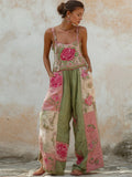Boho Ethnic Pink Roses Embroidered Floral Patchwork Linen Jumpsuit elevenforest