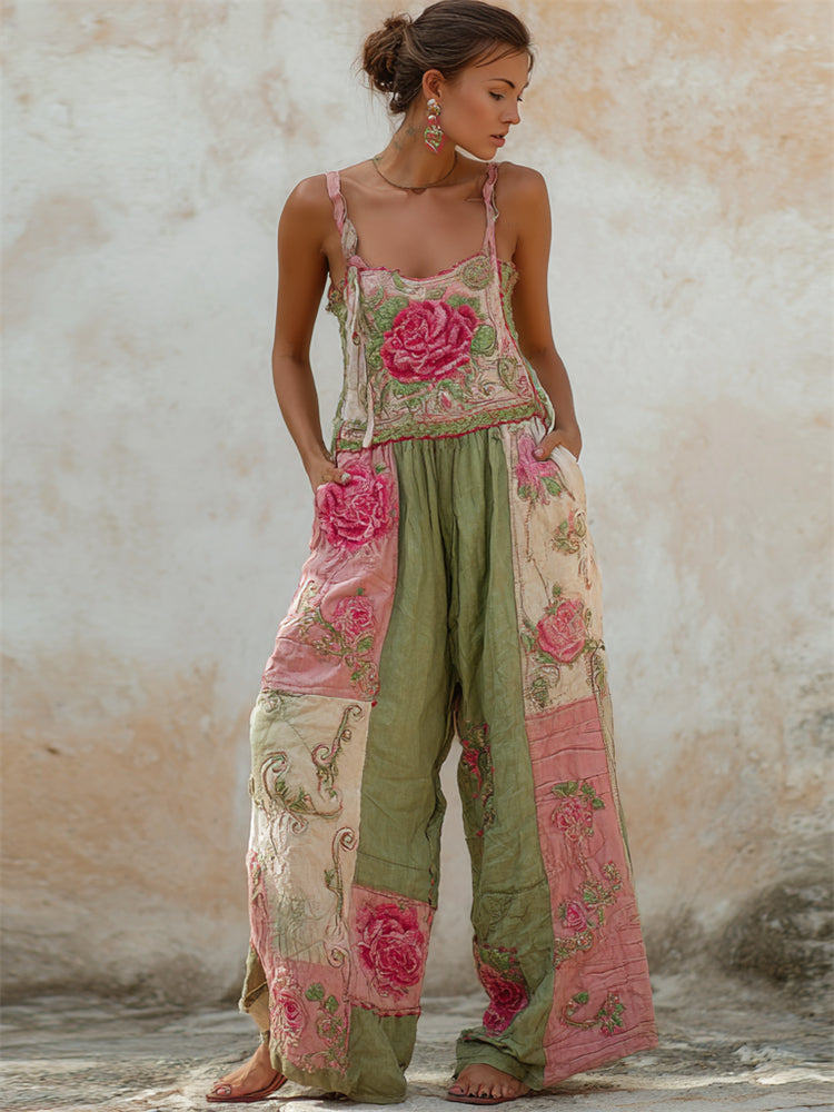Boho Ethnic Pink Roses Embroidered Floral Patchwork Linen Jumpsuit elevenforest