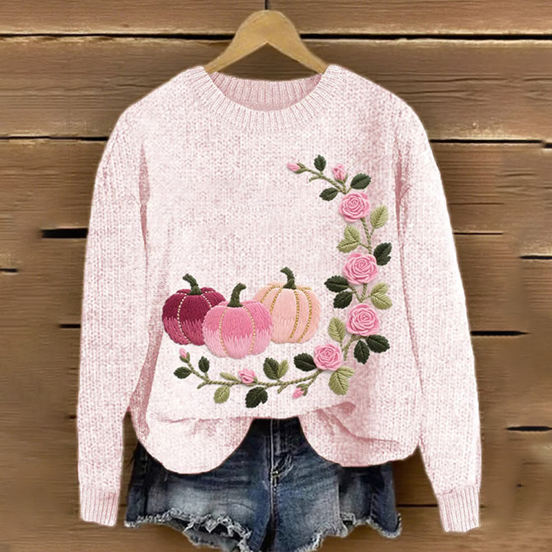 Women's Pink Pumpkin & Rose Embroidered Knit Print Sweater artswardrobe