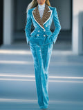 Shipping Stylish Blue Velvet Suit With Leopard Print Lapel