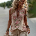 Women's Vintage Rose Embroidery Art Comfy Linen Tank Top elevenforest