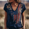 Independence Day Sequined Floral Embroidered Women's V-neck T-shirt elevenforest