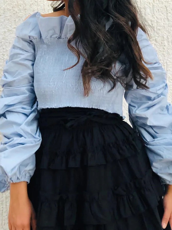 Long Sleeves Loose Elasticity Ruffle Trim Color Split-joint Off-the-shoulder Blouses&shirts Tops