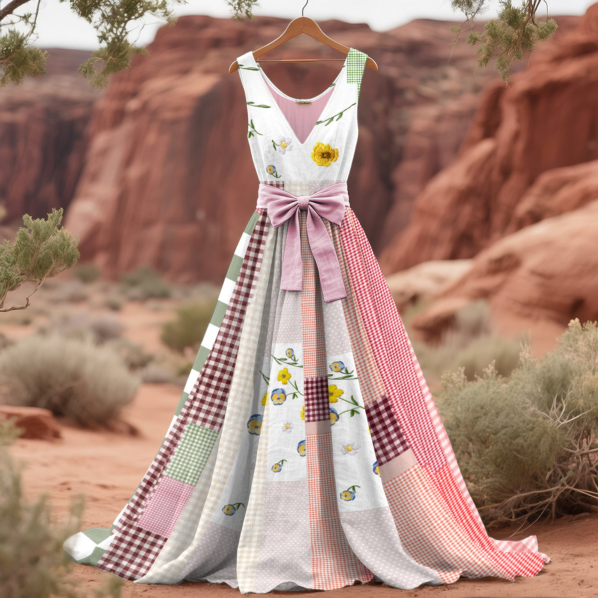 Vintage Plaid Floral Patchwork Linen Tank Dress elevenforest
