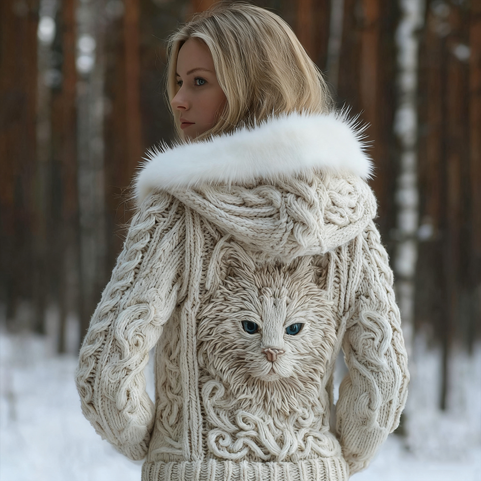 Comstylish Viking Retro Cat Design Women's Hooded Knit Sweater Jacket