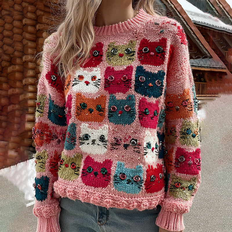 Colorful Winter Cats Pattern Art Cozy Knit Sweater