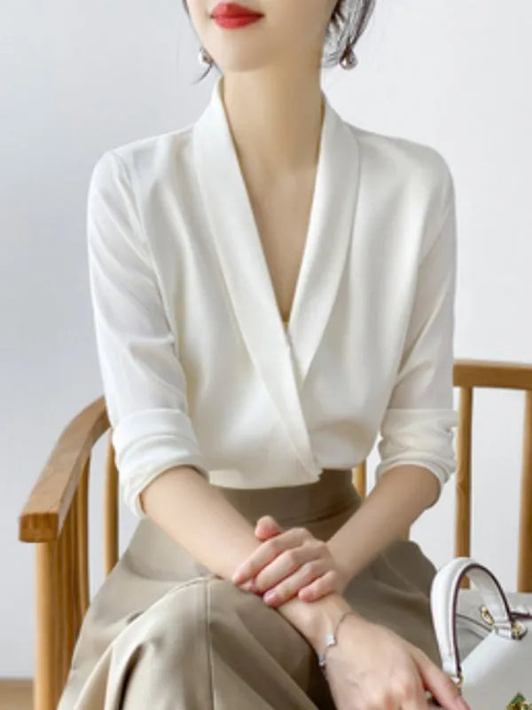 Long Sleeves Loose Color V-neck Blouses&shirts Tops