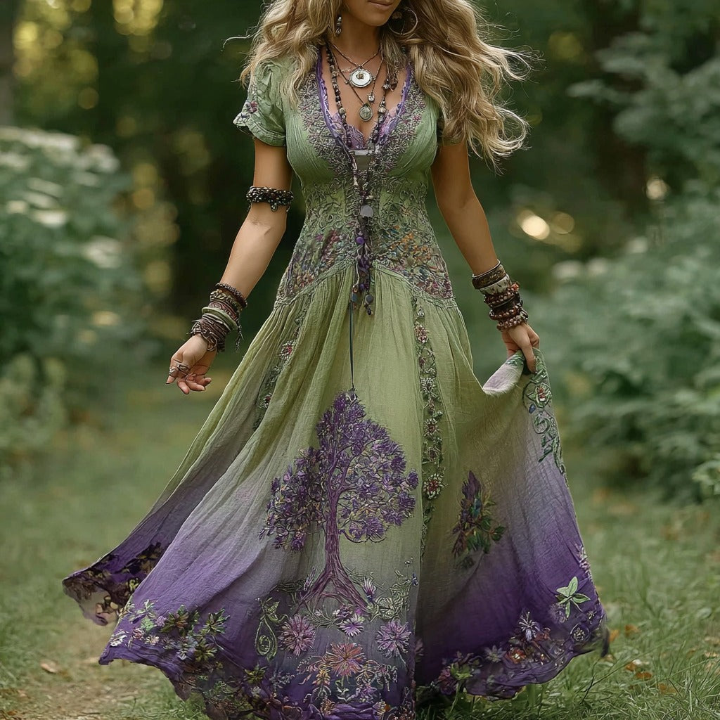 Women's Vintage Viking Tree Of Life Floral Stitching Casual V-neck Dress elevenforest