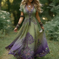 Women's Vintage Viking Tree Of Life Floral Stitching Casual V-neck Dress elevenforest